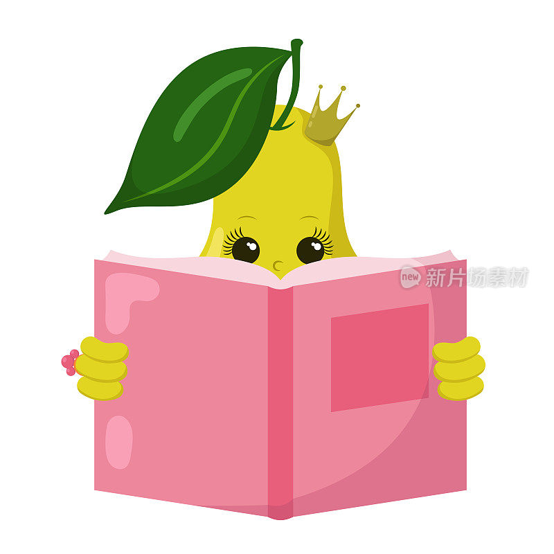 Cute kawaii pear princess with crown and ring reading book in doodle style with shadows.